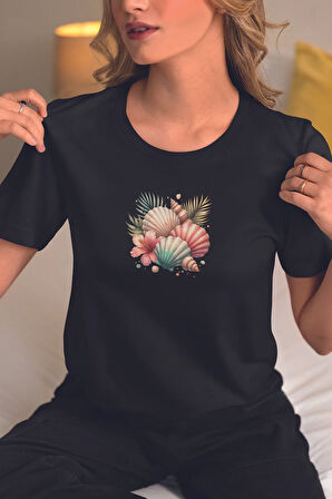 Renkli Deniz Kabukları Baskılıyaz Temalı Unisex Regular Fit Pamuklu Siyah Tişört