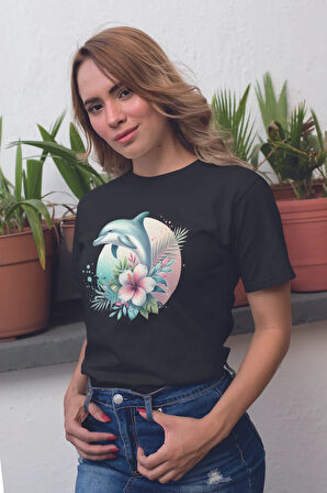 Yunus Ve Çiçekler Baskılıyaz Temalı Unisex Regular Fit Pamuklu Siyah Tişört