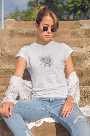 Tropikal Çiçekler Baskılıyaz Temalı Unisex Regular Fit Pamuklu Beyaz Tişört