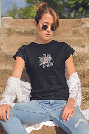 Tropikal Çiçekler Baskılıyaz Temalı Unisex Regular Fit Pamuklu Siyah Tişört