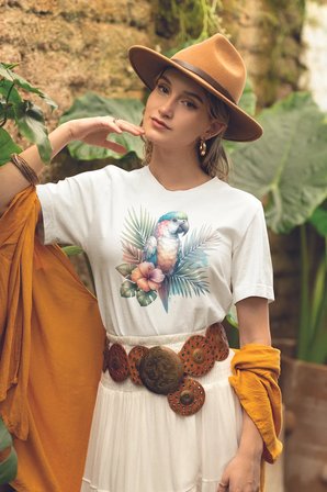 Tropikal Papağan Baskılıyaz Temalı Unisex Regular Fit Pamuklu Beyaz Tişört