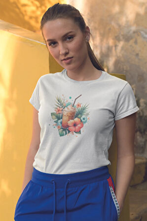 Yaz Kokteyli Baskılıyaz Temalı Unisex Regular Fit Pamuklu Beyaz Tişört