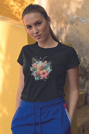 Yaz Kokteyli Baskılıyaz Temalı Unisex Regular Fit Pamuklu Siyah Tişört