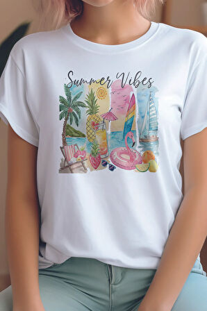Summer Vibes Baskılıyaz Temalı Unisex Regular Fit Pamuklu Beyaz Tişört