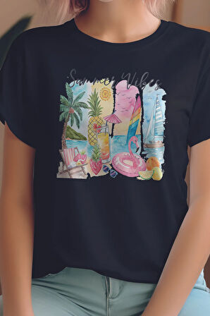 Summer Vibes Baskılıyaz Temalı Unisex Regular Fit Pamuklu Siyah Tişört