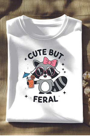 Cute But Feral Baskılı Unisex Regular Fit Pamuklu Beyaz Tişört
