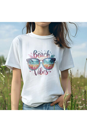 Beach Vibes Baskılıyaz Temalı Unisex Regular Fit Pamuklu Beyaz Tişört