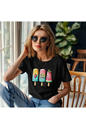 Hello Summer Dondurma Baskılı Unisex Regular Fit Pamuklu Siyah Tişört