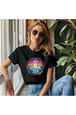 I Need Vitamin Sea Baskılı Yaz Temalı Unisex Regular Fit Pamuklu Siyah Tişört