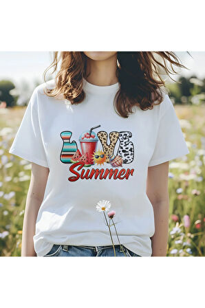 Love Summer Baskılı Güneş Tatil Yaz Unisex Regular Fit Pamuklu Beyaz Tişört