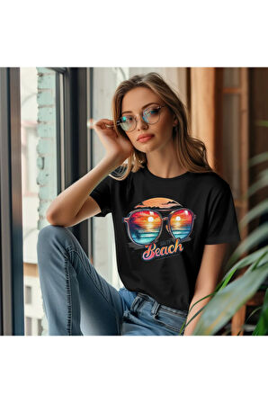 Salty Beach Baskılı Yaz Temalı Unisex Regular Fit Pamuklu Siyah Tişört