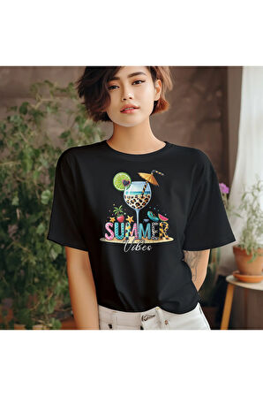 Summer Vibes Baskılı Kokteyl Yaz Temalı Unisex Regular Fit Pamuklu Siyah Tişört