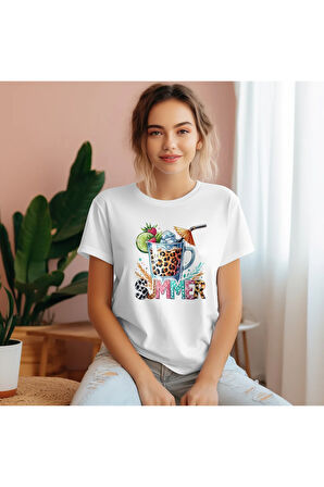 Summer Baskılı Yaz Kokteyl Unisex Regular Fit Pamuklu Beyaz Tişört