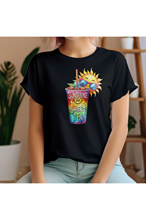 Sunshine And Sweet Tea Baskılı Yaz Temalı Unisex Regular Fit Pamuklu Siyah Tişört