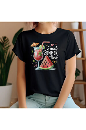 Sweet Summer Time Baskılı Unisex Regular Fit Pamuklu Siyah Tişört