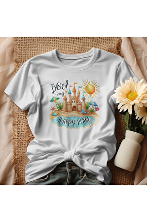 The Pool Is My Happy Place Baskılı Unisex Regular Fit Pamuklu Beyaz Tişört