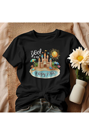 The Pool Is My Happy Place Baskılı Unisex Regular Fit Pamuklu Siyah Tişört