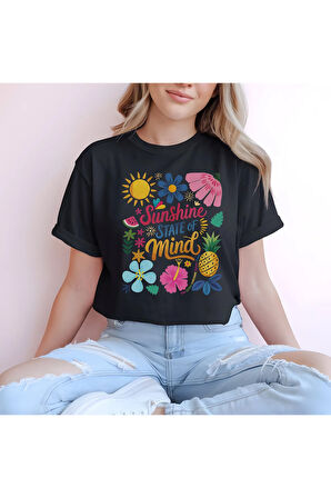 Sunshine State Of Mind Baskılı Unisex Regular Fit Pamuklu Siyah Tişört