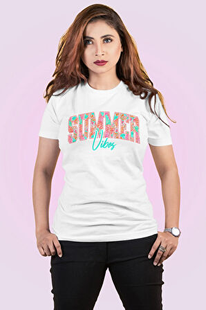 Summer Vibes Turkuaz Yaz Temalı Baskılı Unisex Regular Fit Pamuklu Beyaz Tişört