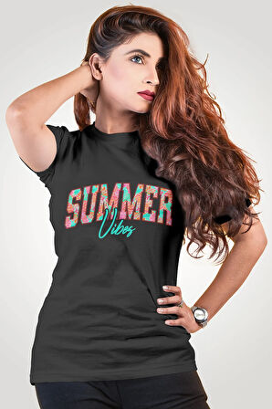 Summer Vibes Turkuaz Yaz Temalı Baskılı Unisex Regular Fit Pamuklu Siyah Tişört