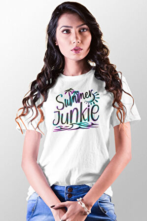 Summer Junkie Baskılı Yaz Temalı Unisex Regular Fit Pamuklu Beyaz Tişört