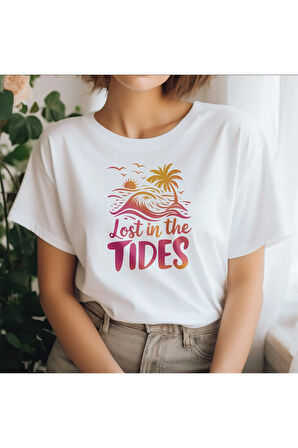 Lost İn The Tides Baskılı Yaz Temalı Unisex Regular Fit Pamuklu Beyaz Tişört