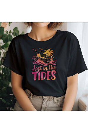 Lost İn The Tides Baskılı Yaz Temalı Unisex Regular Fit Pamuklu Siyah Tişört