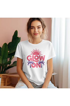 Glow On Baskılı Yaz Temalı Unisex Regular Fit Pamuklu Beyaz Tişört