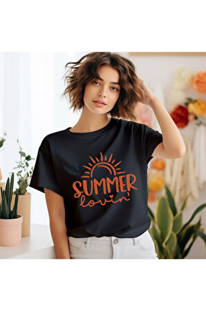 Summer Love Baskılı Yaz Temalı Unisex Regular Fit Pamuklu Siyah Tişört