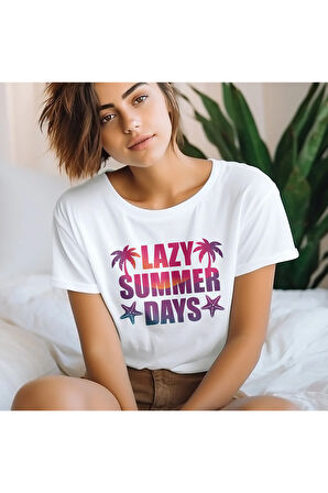 Lazy Summer Days Baskılı Yaz Temalı Unisex Regular Fit Pamuklu Beyaz Tişört
