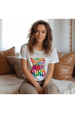 Tropical State Of Mind Baskılı Yaz Temalı Unisex Regular Fit Pamuklu Beyaz Tişört