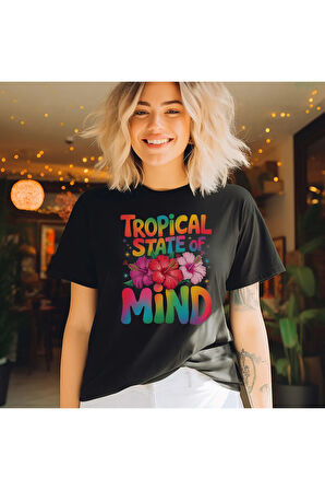 Tropical State Of Mind Baskılı Yaz Temalı Unisex Regular Fit Pamuklu Siyah Tişört