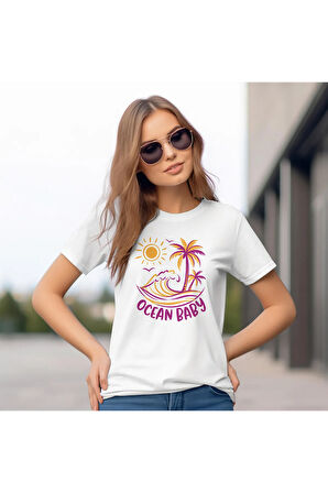 Ocean Baby Baskılı Yaz Temalı Unisex Regular Fit Pamuklu Beyaz Tişört