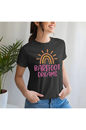 Barefoot Dreams Baskılı Yaz Temalı Unisex Regular Fit Pamuklu Siyah Tişört