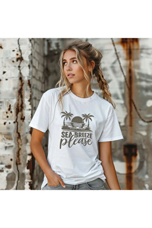 Sea Breeze Please Baskılı Yaz Temalı Unisex Regular Fit Pamuklu Beyaz Tişört