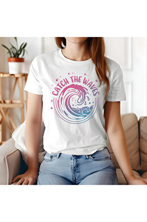 Catch The Waves Baskılı Yaz Temalı Unisex Regular Fit Pamuklu Beyaz Tişört