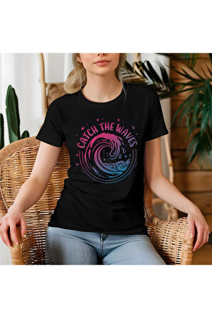 Catch The Waves Baskılı Yaz Temalı Unisex Regular Fit Pamuklu Siyah Tişört