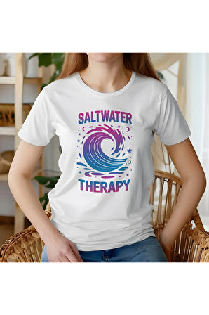 Saltwater Therapy Baskılı Yaz Temalı Unisex Regular Fit Pamuklu Beyaz Tişört
