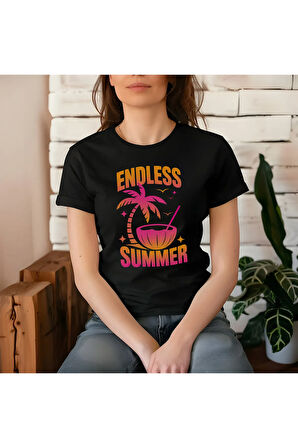 Endless Summer Baskılı Yaz Temalı Unisex Regular Fit Pamuklu Siyah Tişört