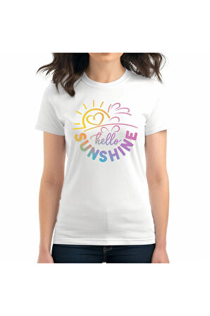 Hello Sunshine Baskılı Yaz Temalı Unisex Regular Fit Pamuklu Beyaz Tişört