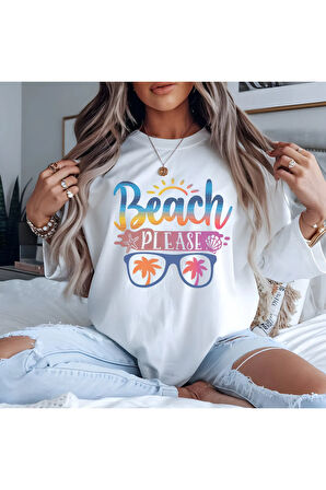 Beach Please Baskılı Yaz Temalı Unisex Regular Fit Pamuklu Beyaz Tişört