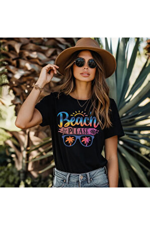 Beach Please Baskılı Yaz Temalı Unisex Regular Fit Pamuklu Siyah Tişört