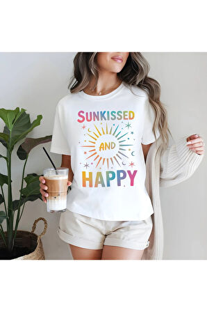 Sunkissed And Happy Baskılı Yaz Temalı Unisex Regular Fit Pamuklu Beyaz Tişört