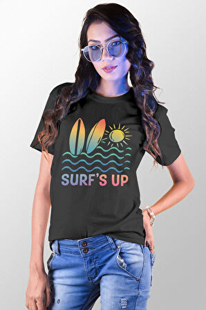 Surf'S Up Baskılı Yaz Temalı Unisex Regular Fit Pamuklu Siyah Tişört