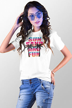 Sun Sand And Fun Baskılı Yaz Temalı Unisex Regular Fit Pamuklu Beyaz Tişört