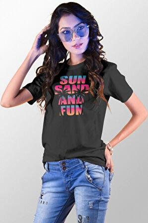 Sun Sand And Fun Baskılı Yaz Temalı Unisex Regular Fit Pamuklu Siyah Tişört