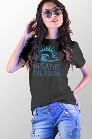 Breathe The Ocean Baskılı Yaz Temalı Unisex Regular Fit Pamuklu Siyah Tişört