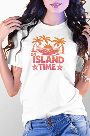 İsland Time Baskılı Yaz Temalı Unisex Regular Fit Pamuklu Beyaz Tişört