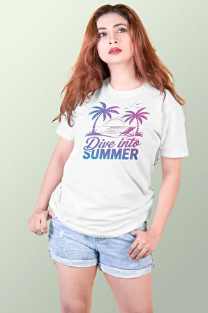 Dive İnto Summer Baskılı Yaz Temalı Unisex Regular Fit Pamuklu Beyaz Tişört