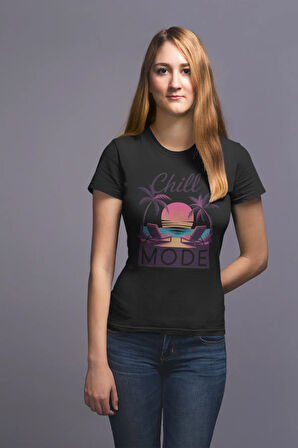 Chill Mode Baskılı Yaz Temalı Unisex Regular Fit Pamuklu Siyah Tişört